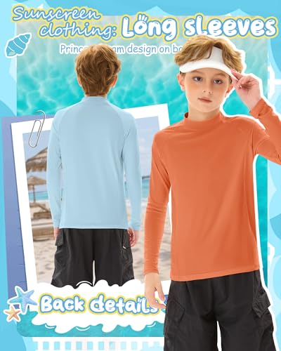 Boys' Long Sleeve Rash Guard Swim Shirts - 3 Pack, Ages 5-6, Orange, Light Yellow, Light Blue