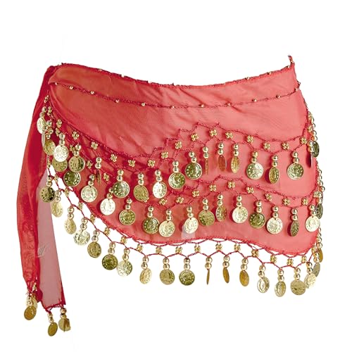Belly Dance Hip Scarf with 128 Gold Coins - Red