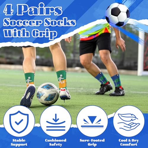 Grip Soccer Socks for Youth - 4 Pairs in Red, Blue, Green, Yellow
