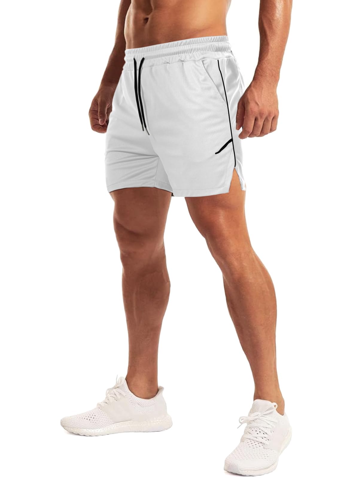 Aolesy Mens Workout Shorts with Zipper Pocket 5 Inch Lightweight Gym Running Shorts Linerless Bodybuilding Training Athletic Shorts White