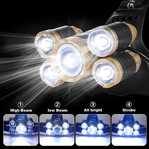 Headlamp Rechargeable,1200 Lumen Ultra Bright 5 LED Headlight Flashlight,Brightest USB Rechargeable Headlamps,Waterproof Zoomable Head Lamp 4 Modes Light for Outdoors Camping Hunting Hiking Hard Hat