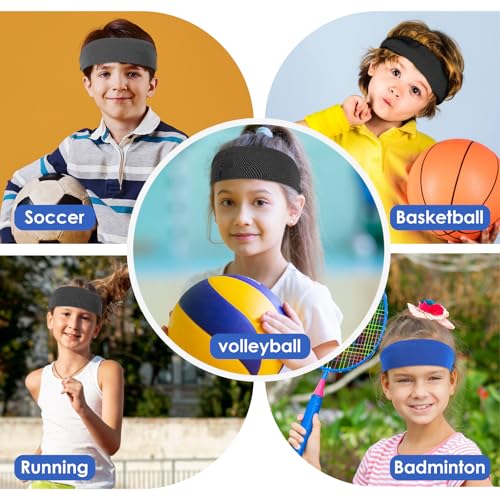 Kids Sports Headbands - 3 Pcs Elastic Sweatbands - Black, White, Grey