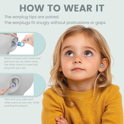 Kids Ear Plugs(6+yrs)-2 Pairs of Reusable Noise Reduction Earplugs for Small Canal With 6 Tips,Soft Silicone Earplugs for Sleeping,Focus,Travel,Socializing,Concert&Hearing Protection 25dB-30dB