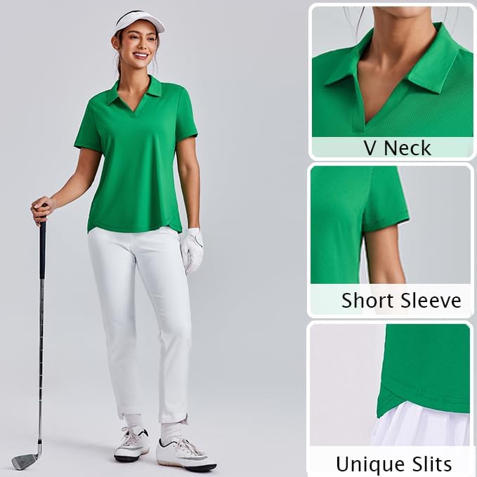 PINSPARK Women's Golf Shirt - Short Sleeve V-Neck Polo with UPF 50+ Protection | Activewear Tennis Top
