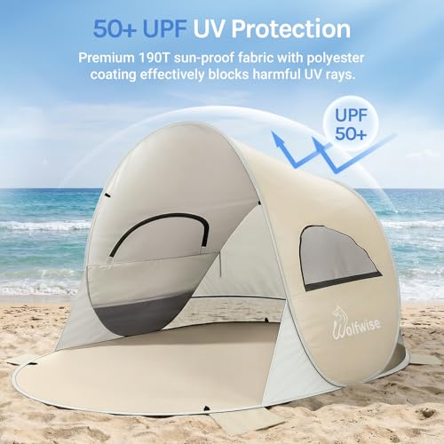 Wolfwise Beige Pop Up Beach Tent for 3 People, Sun Shade Shelter, Foldable & Water-Resistant