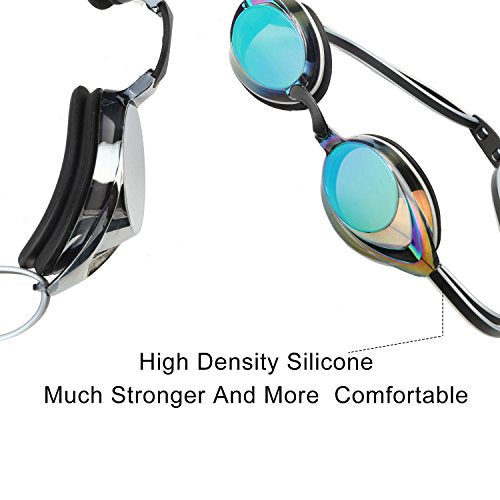 DARIDO Blue & Silver Mirror Swim Goggles - Adult, Men, Women, Youth, Anti-Fog, UV Protection, 180° Vision