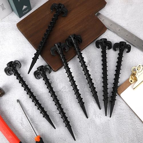 Spiral Tent Stakes - 8 Pack 7.5 Inch Black Plastic Anchors