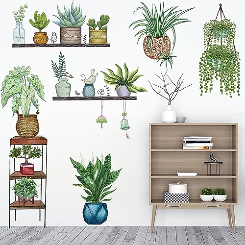 Green Plants Potted Wall Decals Tropical Plants Green Leaves Wall Stickers, DIY Vinyl Nature Wallpaper, for Living Room Background Wall Decoration Kids Bedroom Kitchen Office Girl Room
