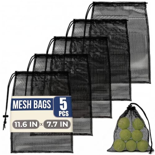 Mesh Drawstring Bags - 5 Pack Nylon Storage Sacks, 11.6 x 7.7 In - Black