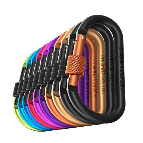 10 Pack Carabiner Clips with Screw Gate - Aluminum Hiking Clips