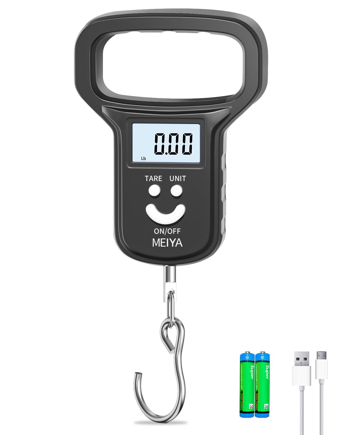 MEIYA Fishing Scale - Dual Power Rechargeable with Backlit LCD Display & Extra Wide Handle | Black
