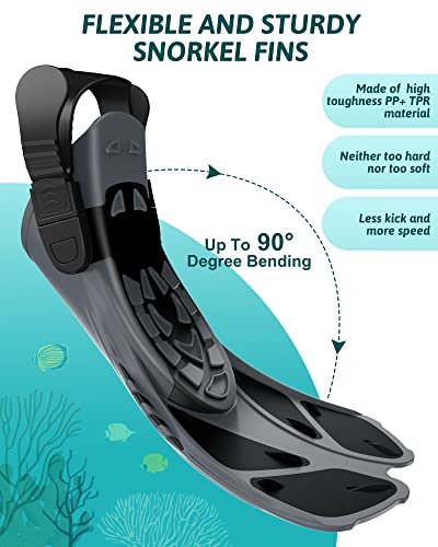 Full Face Snorkel Mask Set with Fins - Black L/XL, Travel Bag