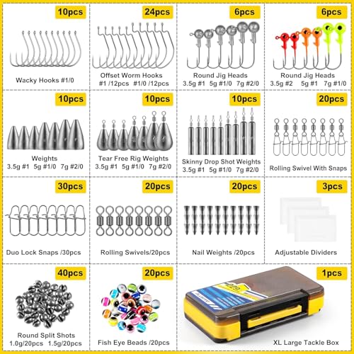 PLUSINNO 229PCS Fishing Accessories Kit with Tackle Box - Complete Fishing Gear Set for Bass Trout & More