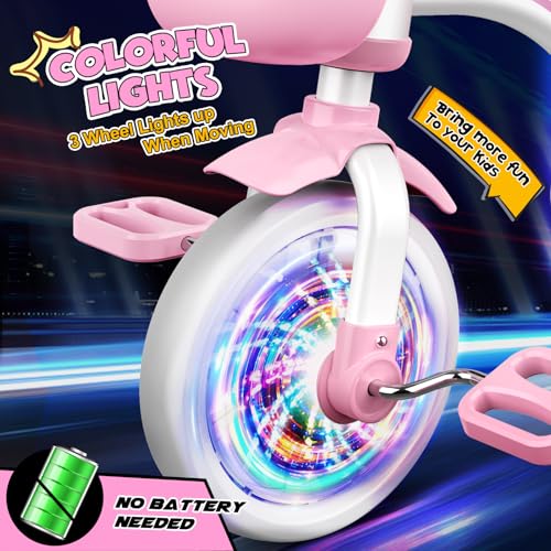 Pink Toddler Tricycle with Adjustable Seat & Light-Up Wheels