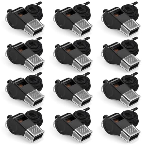 Durable Plastic Whistles with Lanyards - 12 Pack Black