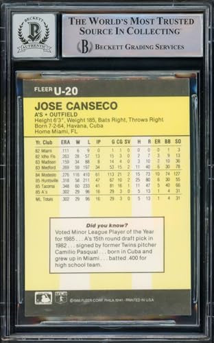 Jose Canseco Autographed 1986 Fleer Update Rookie Card - Gem Mint 10
