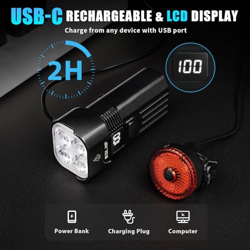 2000LM Bike Light Set with 4 LED Front & Rear Lights, Waterproof & Shockproof