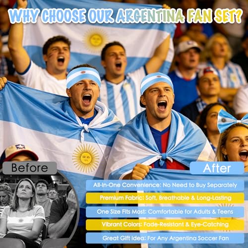 Soccer Fan Cheer Kit - Argentina Flag Cape, Scarf, Headband & Bag