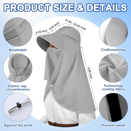 Women’s Sun Hat with Neck Flap - Grey - Detachable Face Mask