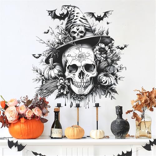 Halloween Scary Wall Stickers Decals,Black Skeleton Pumpkin Bat Halloween Home Decorations,Horror Skull Wall Stickers for Party Haunted House Door