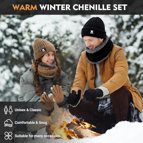 3-Piece Winter Beanie Hat, Scarf & Touchscreen Gloves Set - Coffee Chenille
