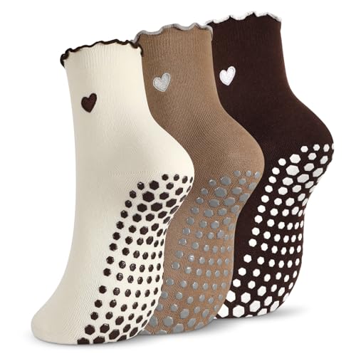 Cute Non-Slip Pilates Socks for Women - 3 Pairs in Beige, Coffee, Brown