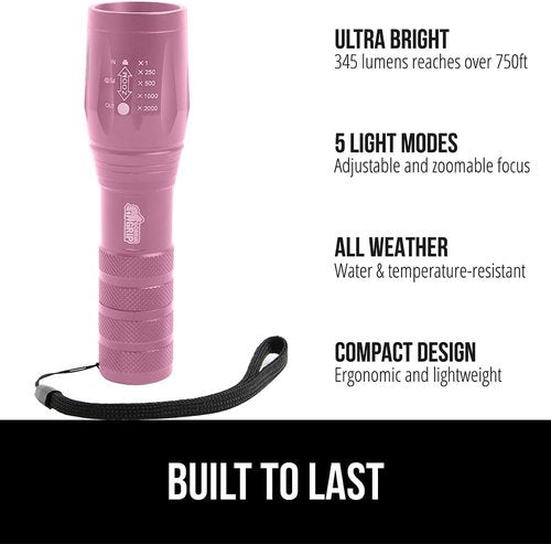 Gorilla Grip Tactical Flashlight - Powerful 750 FT LED, Water Resistant, 5 Adjustable Modes | 2 Pack, Pink