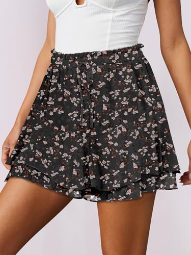 Caracilia Women's Flowy Floral Skorts for Summer, Black Beige, Size M