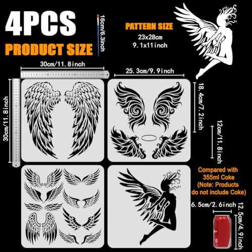 FINGERINSPIRE 4 PCS Angel Bird Wings Stencil with a Paint Brush 11.8x11.8 inch Large Angel Wings Stencil 4 Styles Dreamy Wings Pattern Templates for Painting on Wood Wall Furniture DIY Home Decor