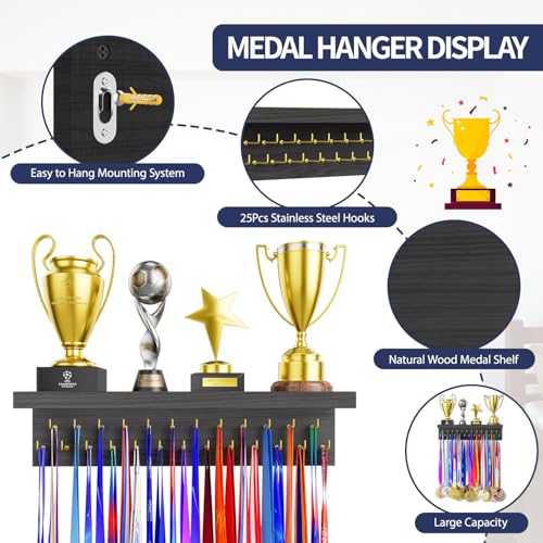 Wooden Medal Display Rack with 25 Steel Hooks - Trophy Shelf Organizer