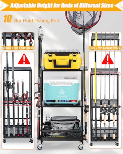 EXCTCT Small Black Adjustable 10-Rod Fishing Rod Holder Rack with Casters