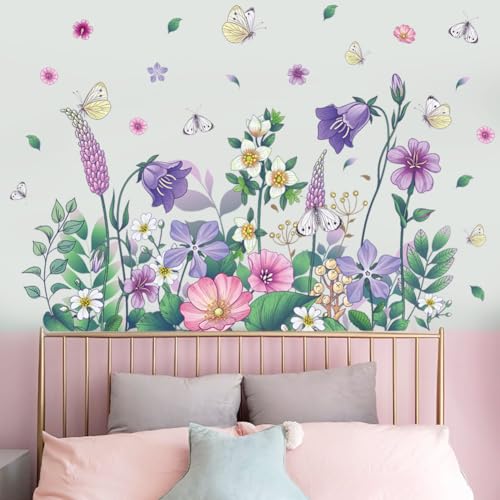 Purple Flower Wall Decal Peel and Stick Floral Butterfly Wall Sticker Green Plant Leaf Wall Art Murals for Bedroom Living Room Nursery Decor