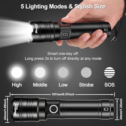 PHIXTON Rechargeable LED Flashlight 100,000 Lumens, 15H Long Battery, 6.57” - 1 Pack