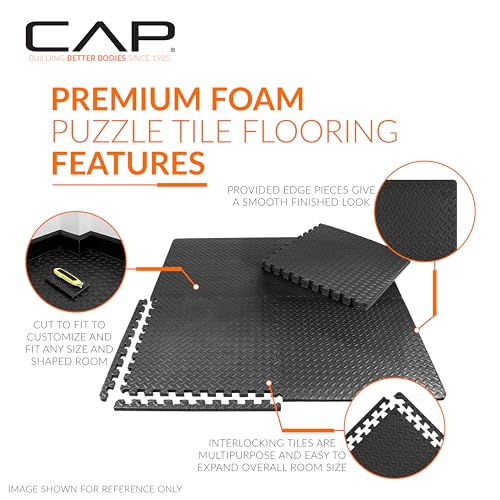 Interlocking Foam Exercise Mats - Diamond Texture, Black - 6 Tiles