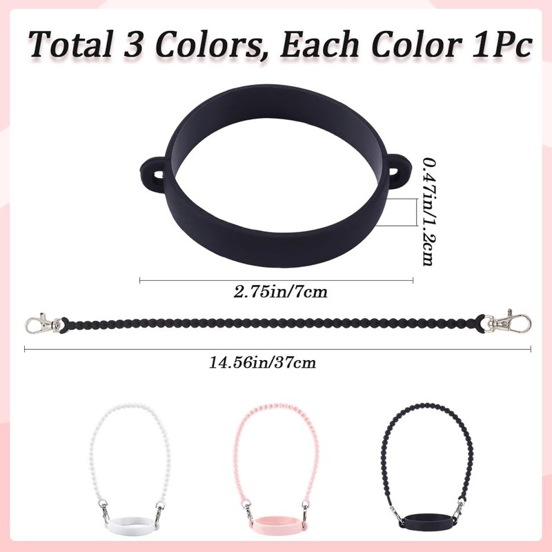 GORGECRAFT 3Pcs 3 Colors Water Bottle Handle Strap Pink White Black Soft Rubber Silicone Round Twist Tumbler Bottles Sling Carrier Holders Straps for Walking Hiking Compatible Cup Accessories