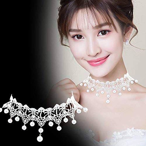 White Lace Pearl Choker Necklace - Gothic Bridal Wedding Jewelry