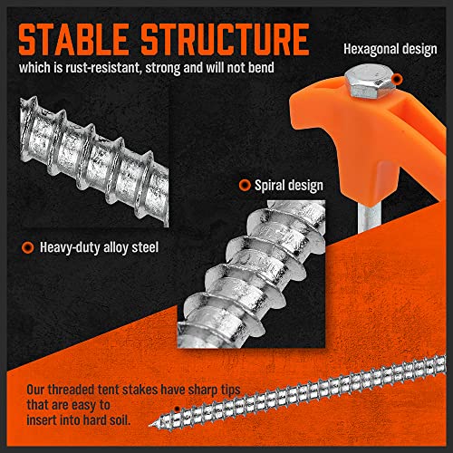 HORUSDY Heavy Duty Tent Stakes 12-Pack with 4 Ropes & T Pull Hook, 8 Inch