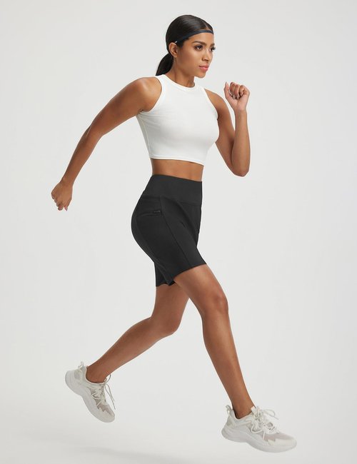 baleaf Women's Bermuda Shorts Athletic Running Shorts Quick Dry High Waisted Workout Gym Shorts with Zipper Pockets Walking Casual Black L