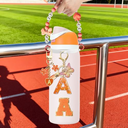 5-Piece Water Bottle Accessory Set - Pearl Strap & Letter Charm - Orange / W