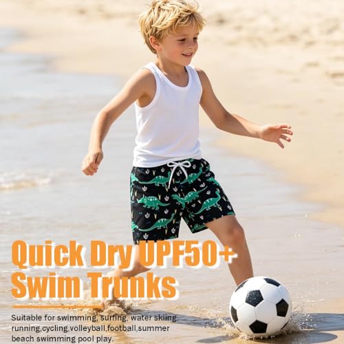Boys Swim Trunks Quick Dry Board Shorts - Yellow Flower Black Dinosaur, 7-8 Years
