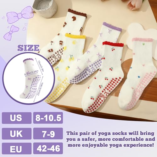 Pilates Socks for Women - Cute Ruffle & Embroidery, 5 Pairs - Red, Pink, Yellow, Purple, Brown