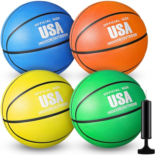Libima 4-Pack Size 5 Basketballs with Pump - Yellow, Green, Blue, Orange