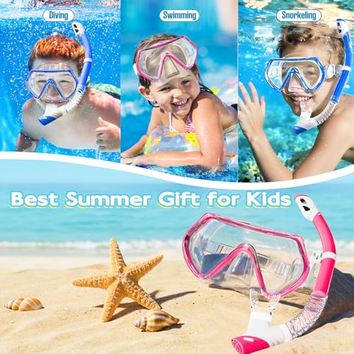 Kids Snorkeling Gear Set - Anti-Fog Clear View Mask & Snorkel - Blue+Pink