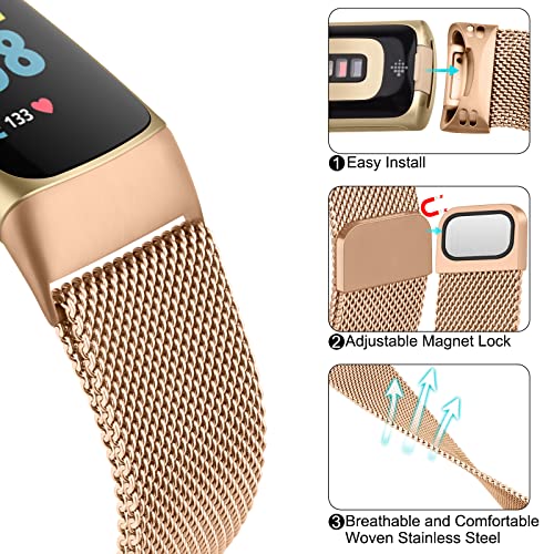 Vanjua Rose Gold Stainless Steel Mesh Loop Replacement Strap for Fitbit Charge 6