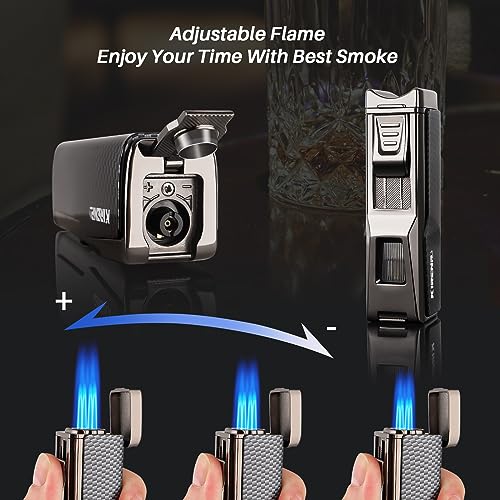 Kirenp Carbon Fiber All-in-One Cigar Lighter Set with V Cutter & Punch