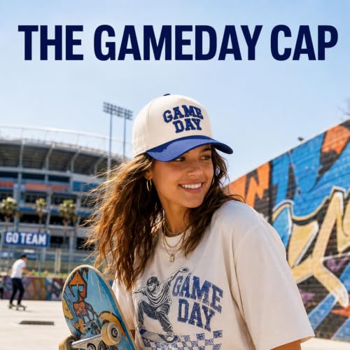 Gameday Vintage Embroidered Football Season Baseball Cap - Beige-Blue, Sports Fan Hat