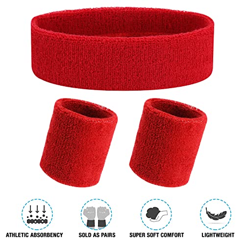 Sweatband Set - 1 Headband & 2 Wristbands, Black & Neon Green - Red
