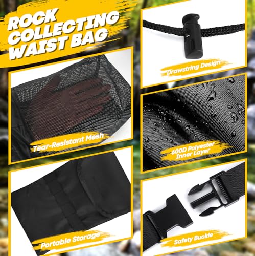 Hands-Free Rockhounding Waist Bag with 3 Mesh Pouches for Field Collecting