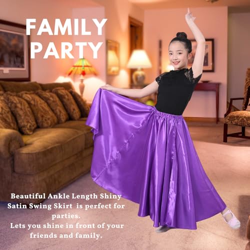 Snowaqua 360 Red Satin Full Circle Dance Skirt for Girls 8-12 Years - Ankle Length Swing Skirt for Belly Dance