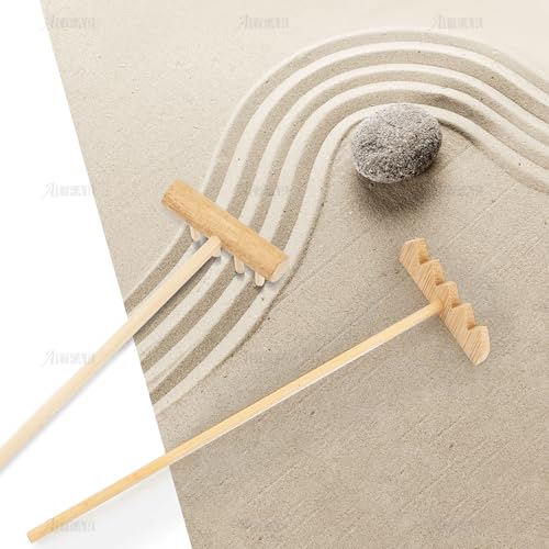 AUEAR, Set of 3 Mini Zen Sand Rakes Bamboo Rock Garden Tray Rake Tools for Home Office Table